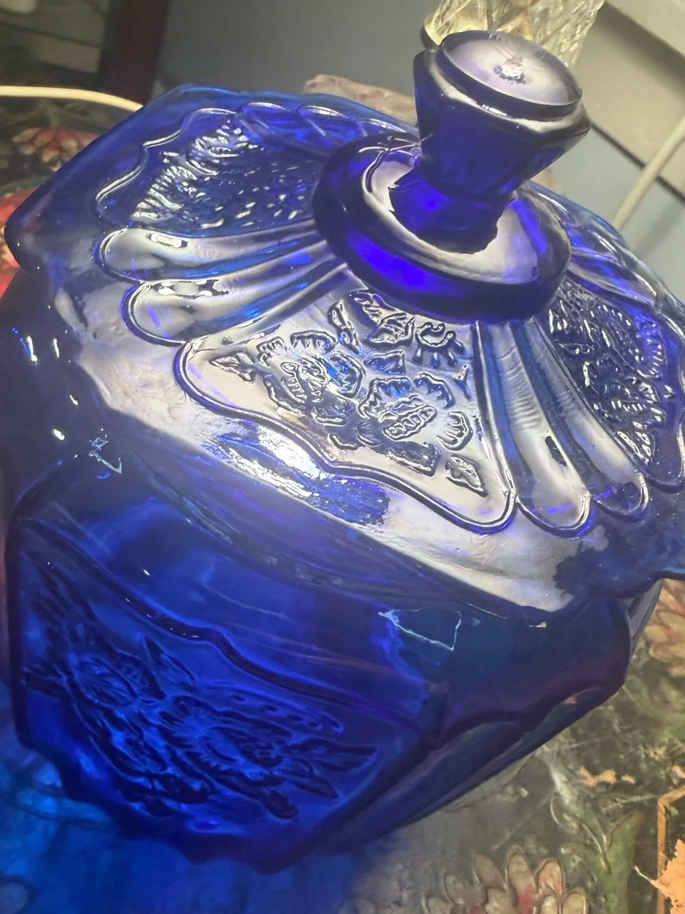 Anchor Hocking Cobalt Blue Floral Glass Biscuit Barrel  Lid